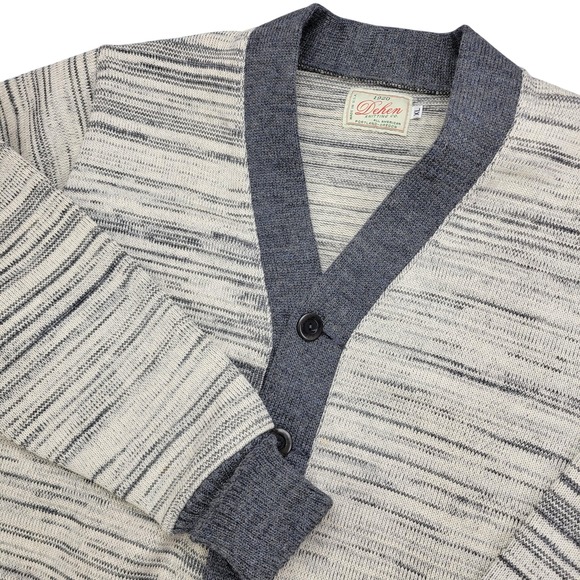 Dehen 1920 Knitting Co Sweater Mens XL Gray Beige Wool Striped Cardigan Made USA